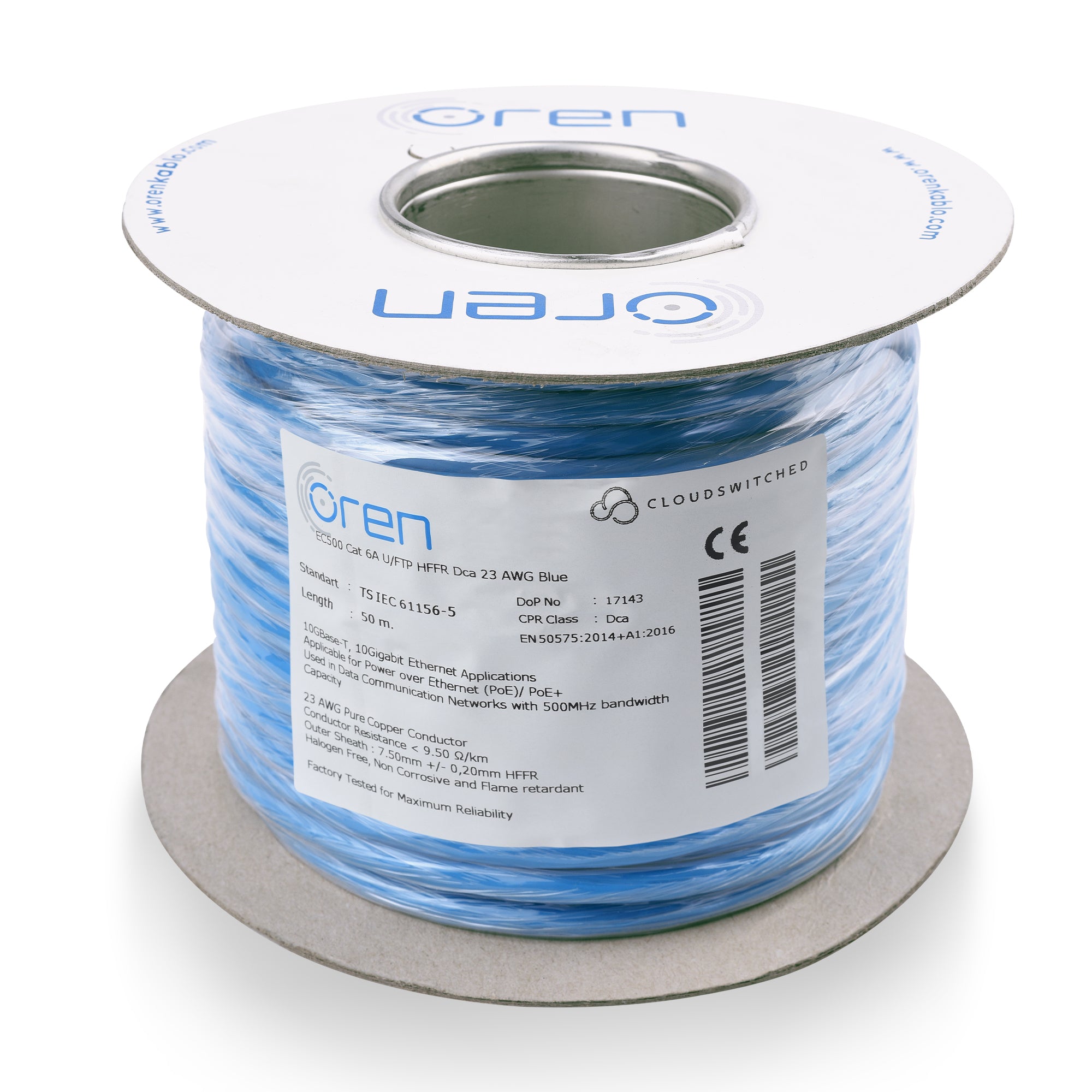 Oren CAT6A 50m Ethernet Cable - 23 AWG Pure Copper Wire - 500 MHz Band