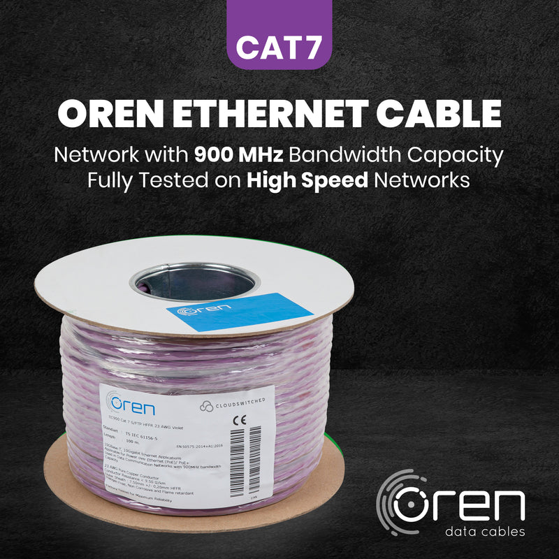 Oren CAT7 100m Ethernet Cable - 23 AWG - Pure Copper Wire - 900 MHz Bandwidth S/FTP Internet LAN Network Cable - 10GbE Ethernet Cable