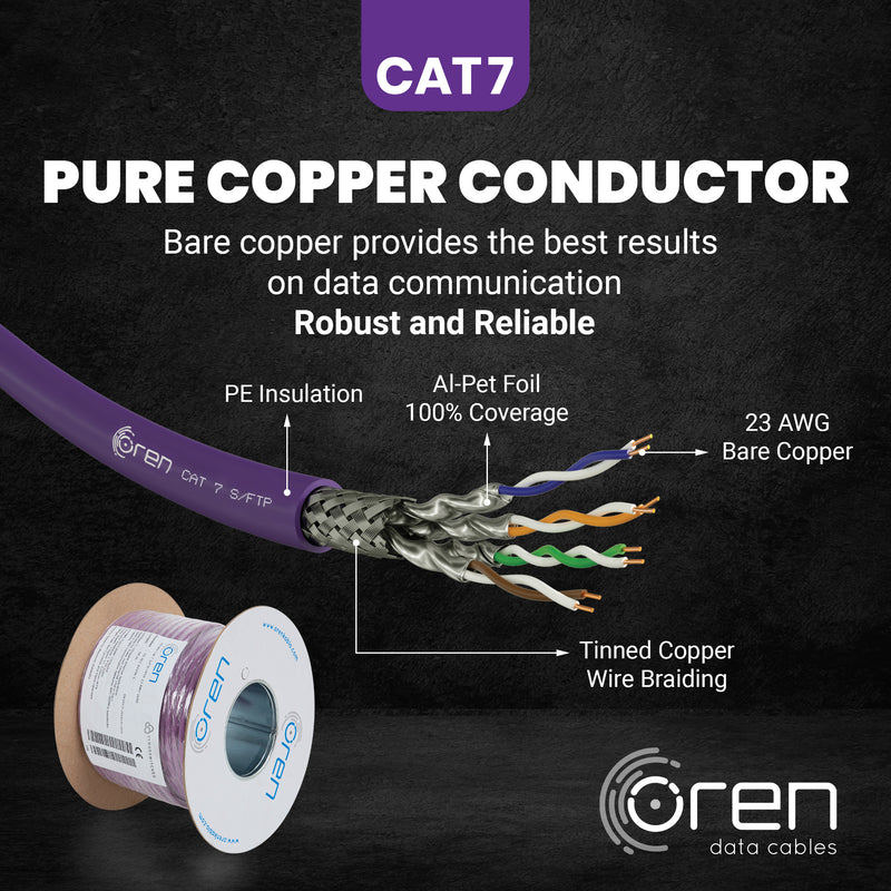 Oren CAT7 50m Ethernet Cable - 23 AWG - Pure Copper Wire - 900 MHz Bandwidth S/FTP Internet LAN Network Cable - 10GbE Ethernet Cable
