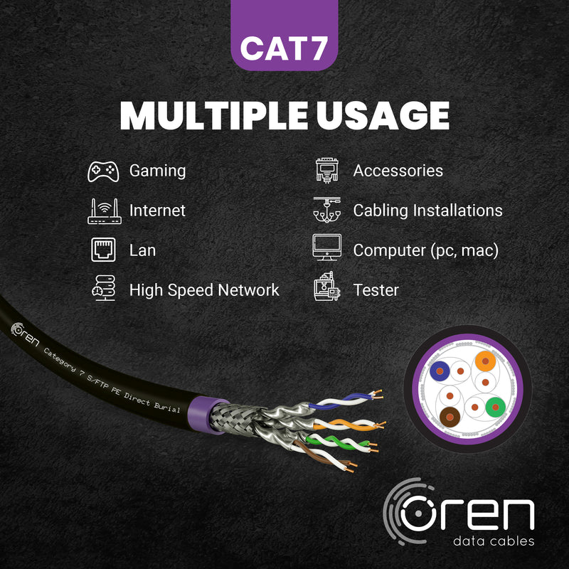 Oren CAT7 50m Outdoor Ethernet Cable - Direct Burial - 23 AWG Pure Copper Wire - 900 MHz Bandwidth S/FTP, LAN Network Cable – 10GbE