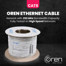 Oren CAT6 100m Slim Ethernet Cable Slim White - 23 AWG - Pure Copper Wire - 250 MHz Bandwidth UTP Internet LAN Network Cable - Gigabit